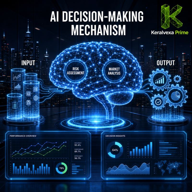 Esquema del motor predictivo Keralvexa Prime con nodos de analisis de riesgo y mercado en arquitectura neuronal