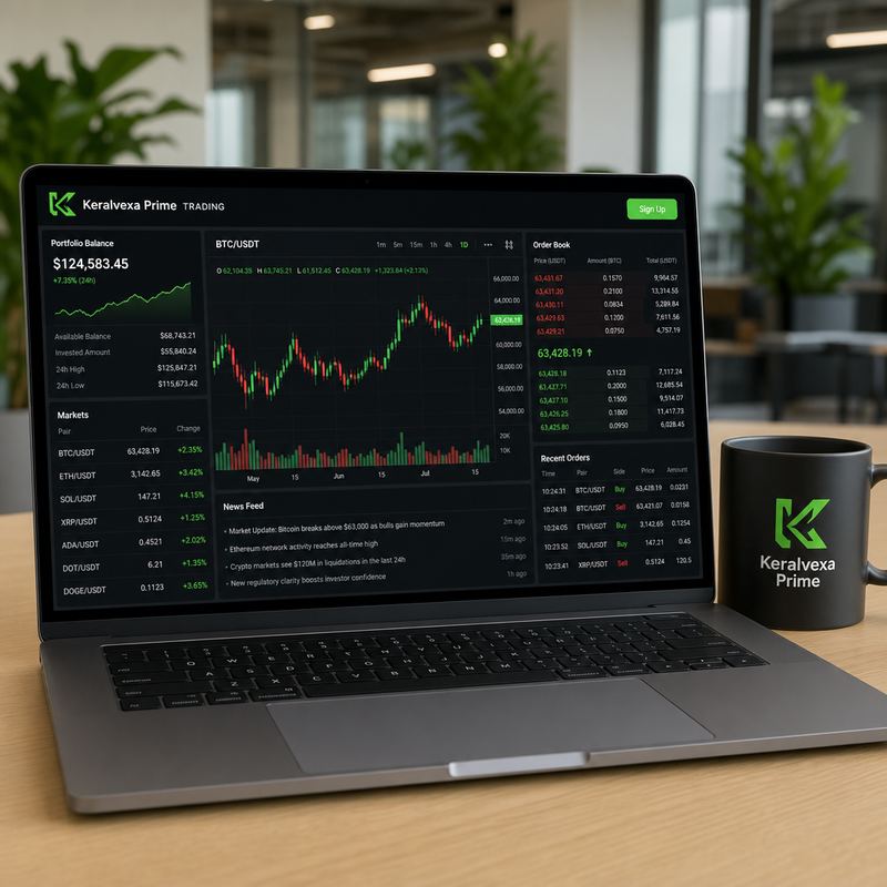 Panel Keralvexa Prime con profundidad de mercado y portfolio multi-activo en notebook