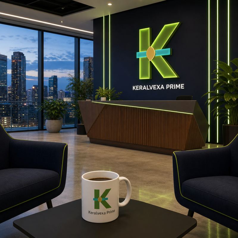 Recepcion de la sede central Keralvexa Prime con iluminacion LED verde y logo institucional sobre una pared azul