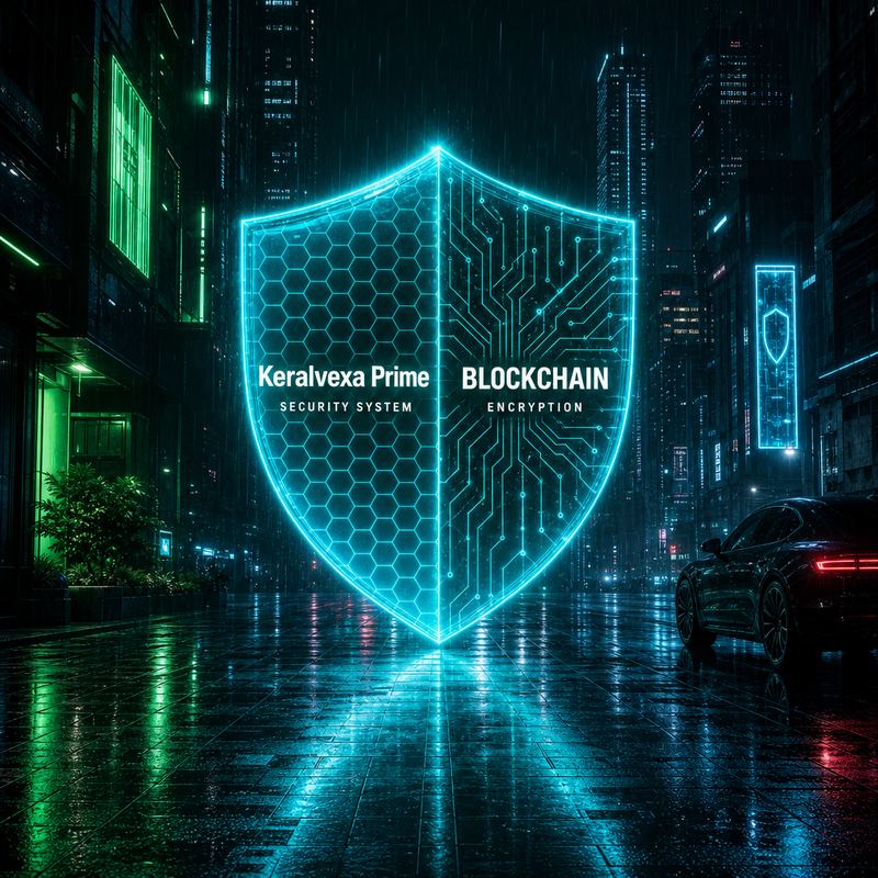 Escudo digital Keralvexa Prime sobre una ciudad, representando proteccion multicapa de activos