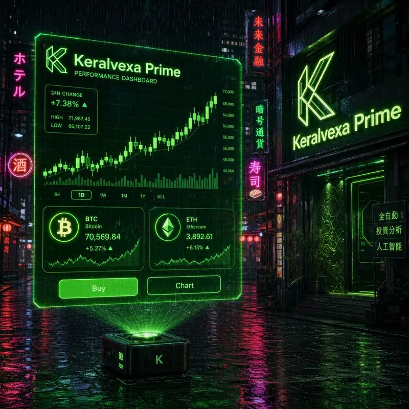 Panel de rendimiento Keralvexa Prime con curvas verdes ascendentes proyectadas en una pantalla urbana